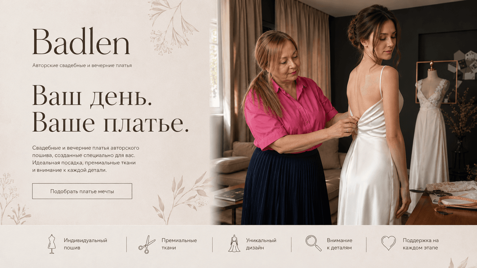 Швея BADLEN подгоняет свадебное платье на невесте в ателье
